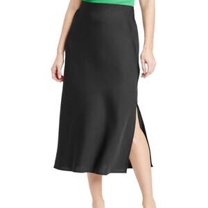 A New Day Women’s Black A-Line Satin Feel Slip Midi Skirt Elastic Waist Large